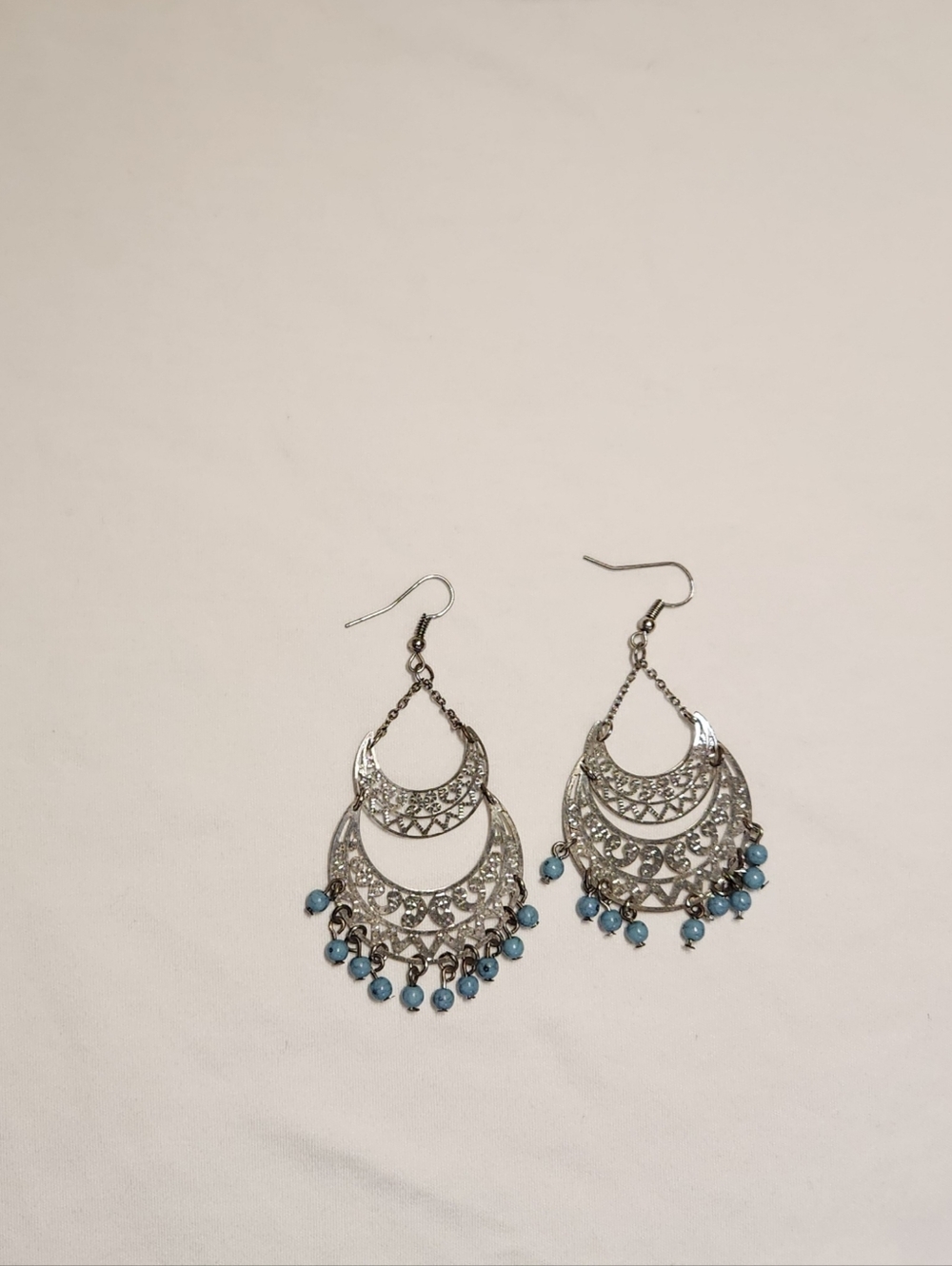 Silver Filigree Teardrop Earrings with Blue Beads